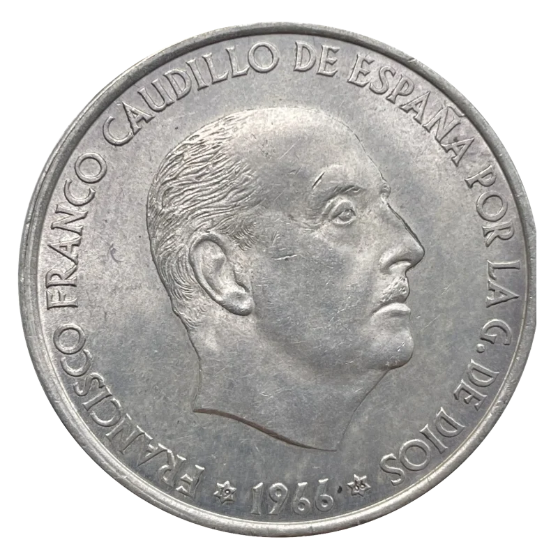 Anverso del 100 pesetas de 1966: cabeza de Francisco Franco a la derecha, leyenda FRANCISCO FRANCO CAUDILLO DE ESPAÑA POR LA G. DE DIOS y fecha 1966 entre estrellas