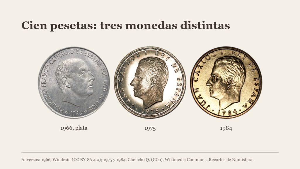 Anversos de las monedas de 100 pesetas de 1966 en plata, de 1975 y de 1984