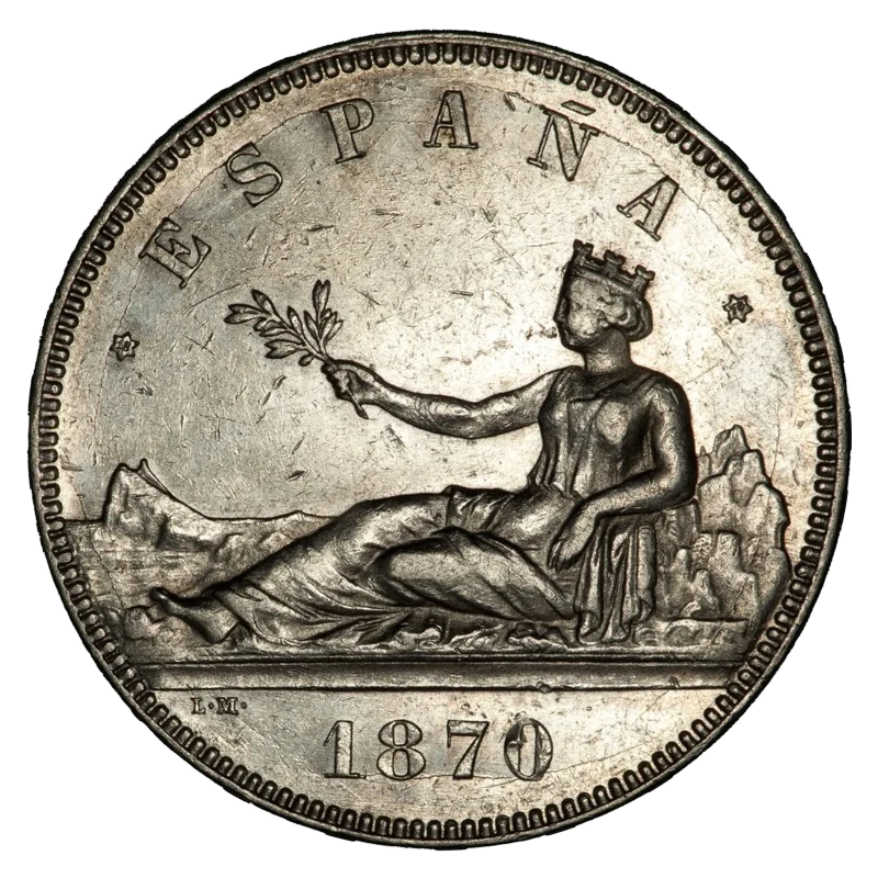 Anverso de un 5 pesetas de 1870 del Gobierno Provisional
