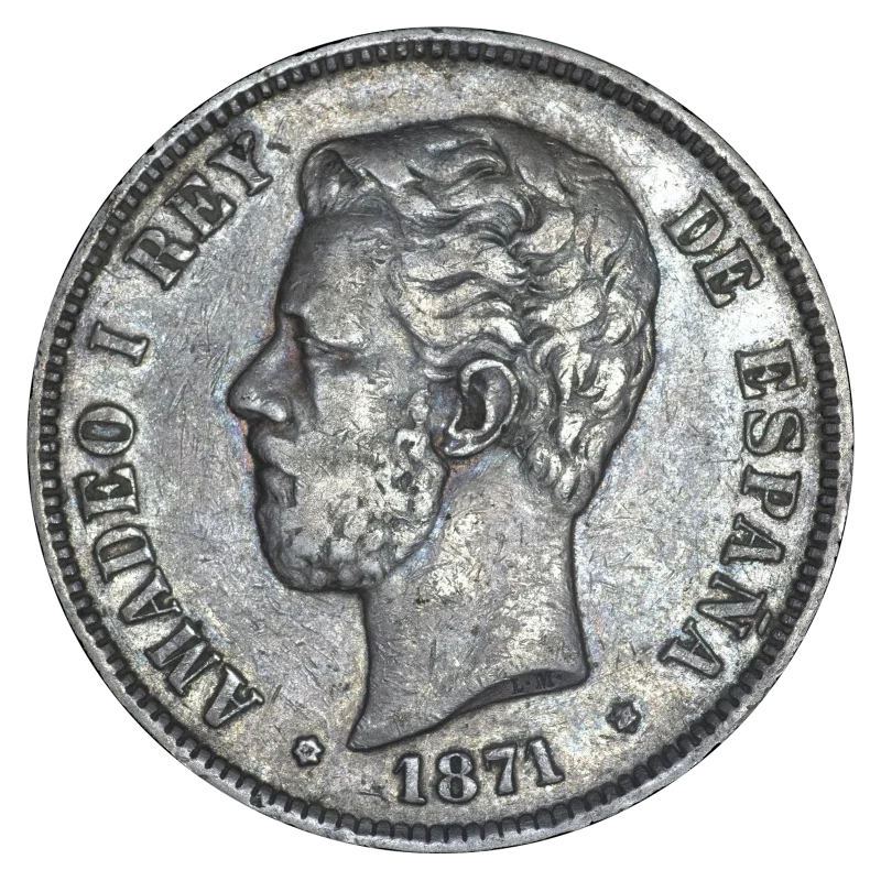 Anverso de un duro de 5 pesetas de Amadeo I de 1871