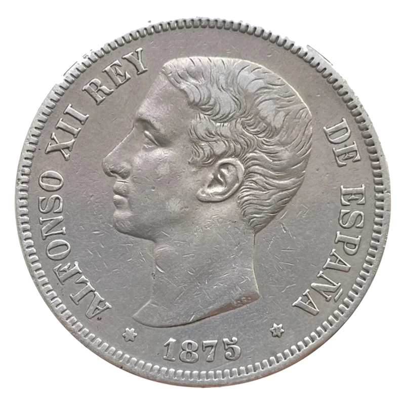 Anverso del 5 pesetas de 1875: cabeza de Alfonso XII a la izquierda, leyenda ALFONSO XII REY DE ESPAÑA y fecha 1875 entre dos estrellas