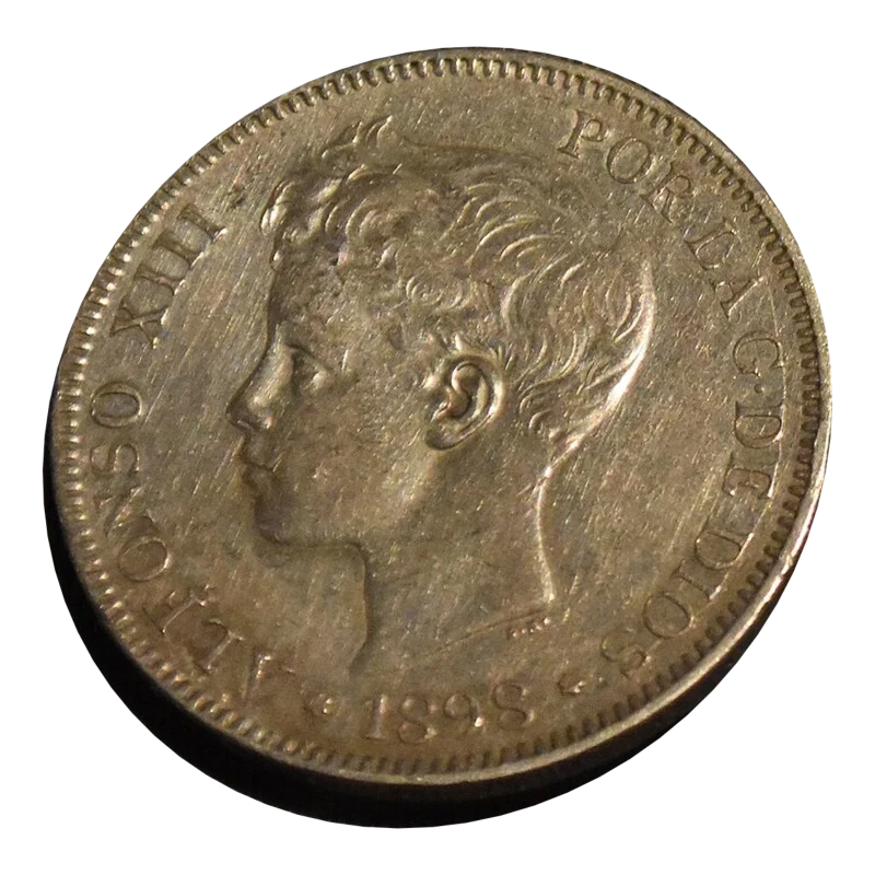 Anverso de las 5 pesetas de 1898: busto infantil de Alfonso XIII