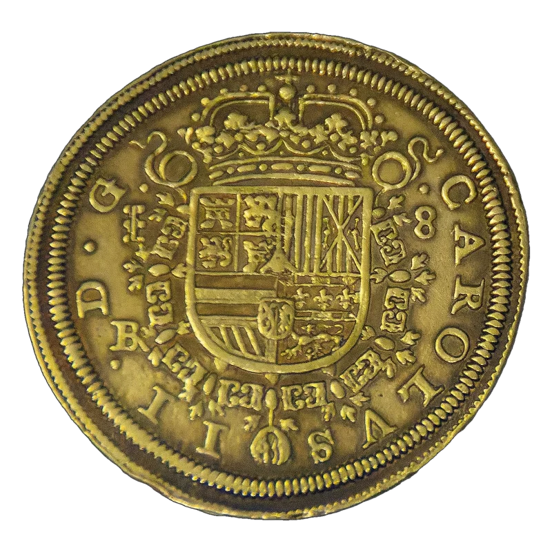 Anverso de un onza de 8 escudos de oro de Carlos II de 1687