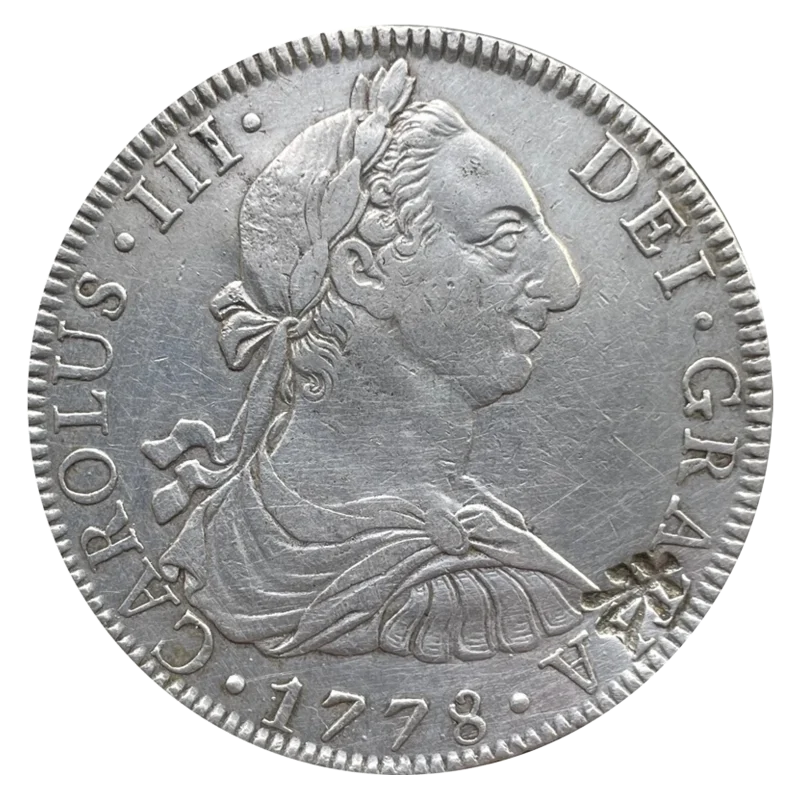Anverso del 8 reales de Carlos III de 1778: busto del rey con corona de laurel a la derecha, leyenda CAROLUS III DEI GRATIA 1778