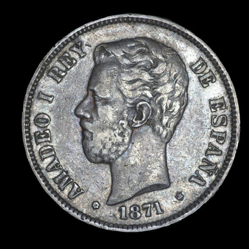Anverso de un duro de 5 pesetas de Amadeo I de 1871
