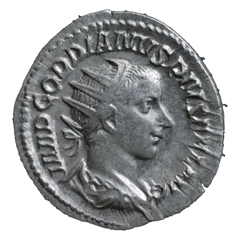 Anverso de un antoniniano de Gordiano III: busto radiado, drapeado y acorazado a la derecha, leyenda IMP GORDIANVS PIVS FEL AVG
