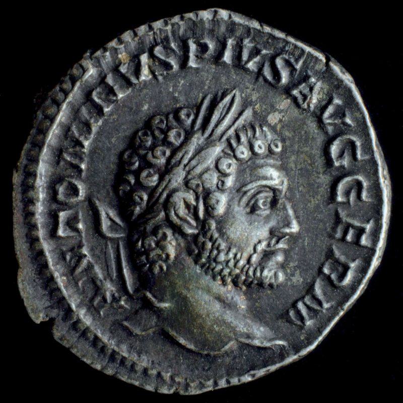 Anverso del denario de Caracalla de 216: cabeza laureada y barbada del emperador a la derecha, leyenda ANTONINVS PIVS AVG GERM