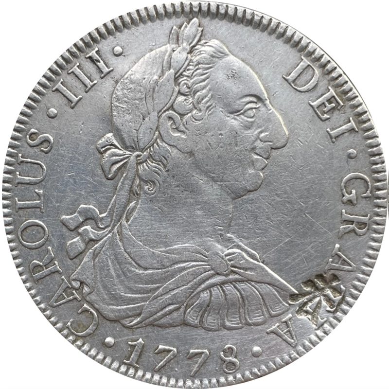 Anverso del 8 reales de Carlos III de 1778: busto del rey con corona de laurel a la derecha, leyenda CAROLUS III DEI GRATIA 1778
