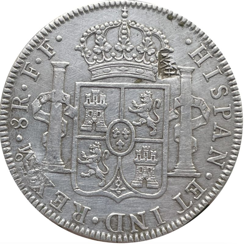 Reverso del 8 reales de Carlos III de 1778: escudo coronado de España entre las columnas de Hércules, leyenda HISPAN ET IND REX Mo 8R F F