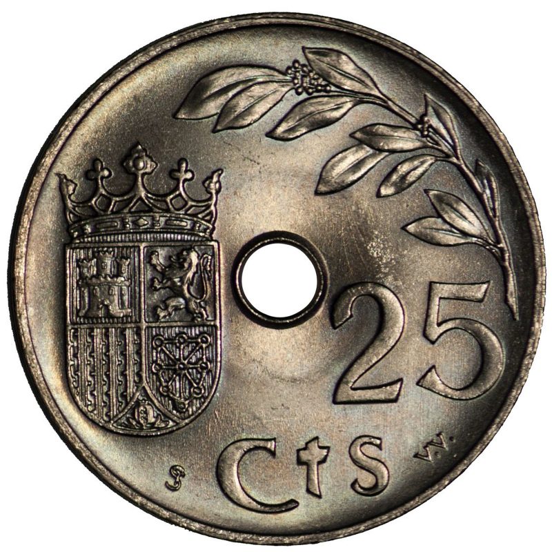25 céntimos de 1937 con agujero, acuñada en Viena, reverso