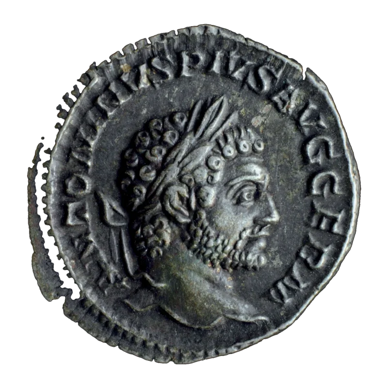 Anverso del denario de Caracalla de 216: cabeza laureada y barbada del emperador a la derecha, leyenda ANTONINVS PIVS AVG GERM