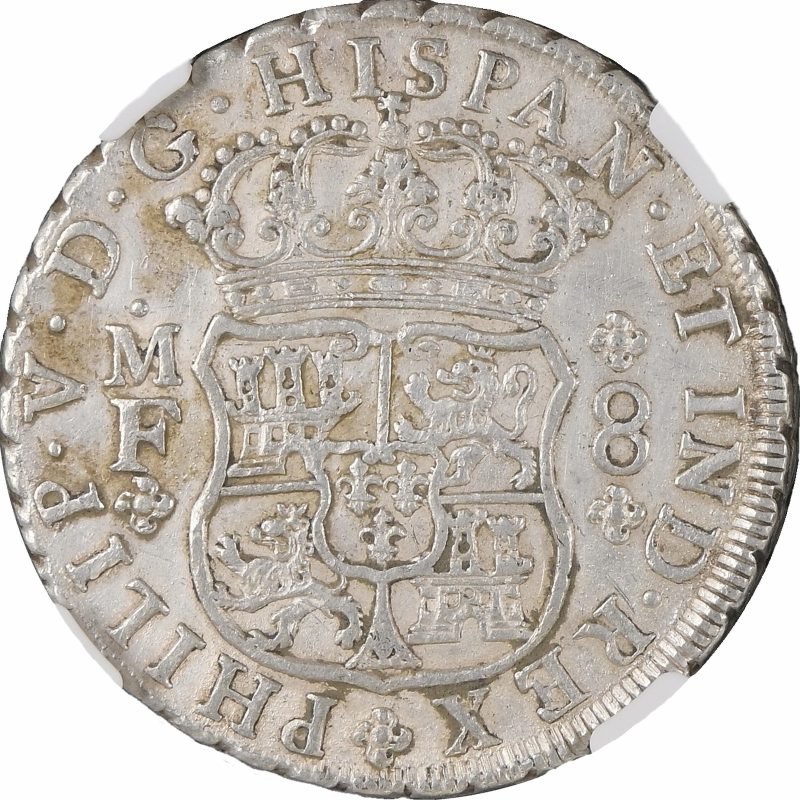 Anverso del 8 reales columnario de 1740: escudo coronado de Castilla y León con escusón de Borbón, iniciales M F y valor 8, leyenda PHILIP V D G HISPAN ET IND REX