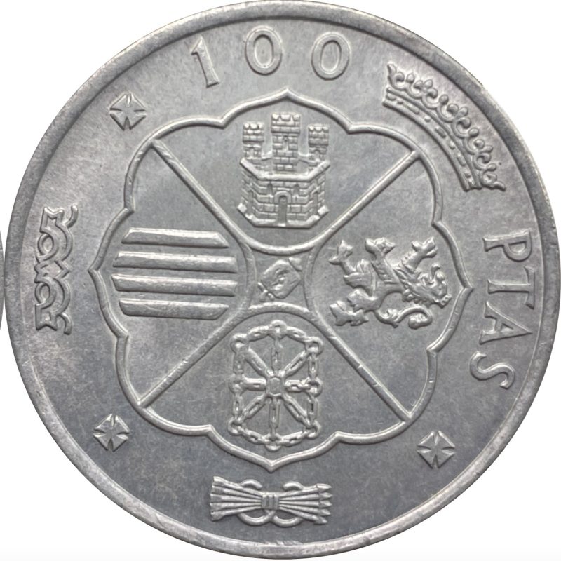 Reverso del 100 pesetas de 1966: escudo de España en diseño floral con castillo, león, barras, cadenas y granada, y la leyenda 100 PTAS
