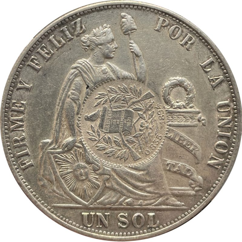 Cara de la Libertad sentada de un sol peruano de 1891, con la leyenda FIRME Y FELIZ POR LA UNION y UN SOL, resellada en el centro con un cuño de Guatemala