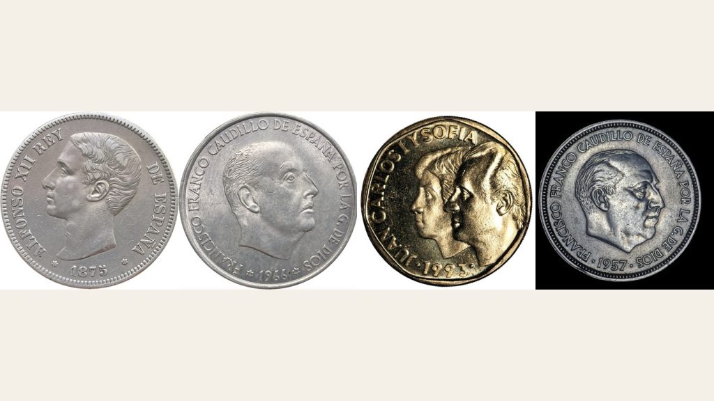Anversos de cuatro pesetas: 5 pesetas de 1875, 100 pesetas de 1966, 500 pesetas de 1993 y 50 pesetas de 1957
