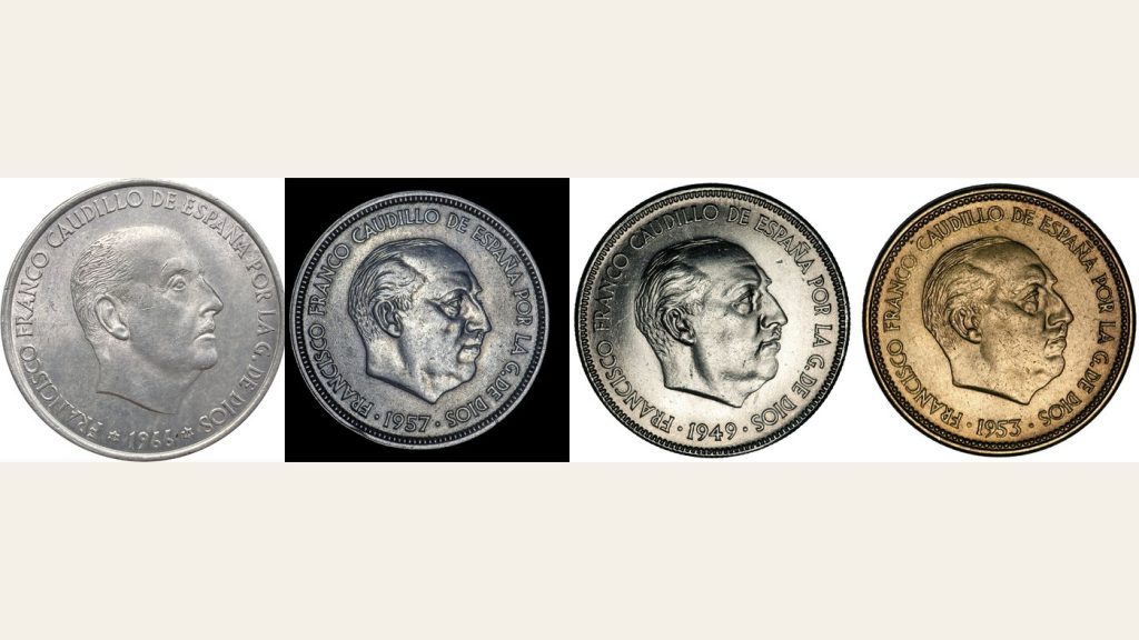 Anversos de cuatro monedas de Franco: 100 pesetas de 1966, 50 pesetas de 1957, 5 pesetas de 1949 y 2,50 pesetas de 1953