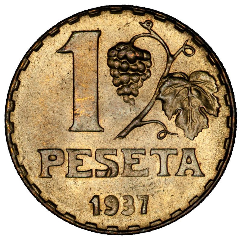 Rama de vid con racimo de uvas y la leyenda 1 PESETA 1937.