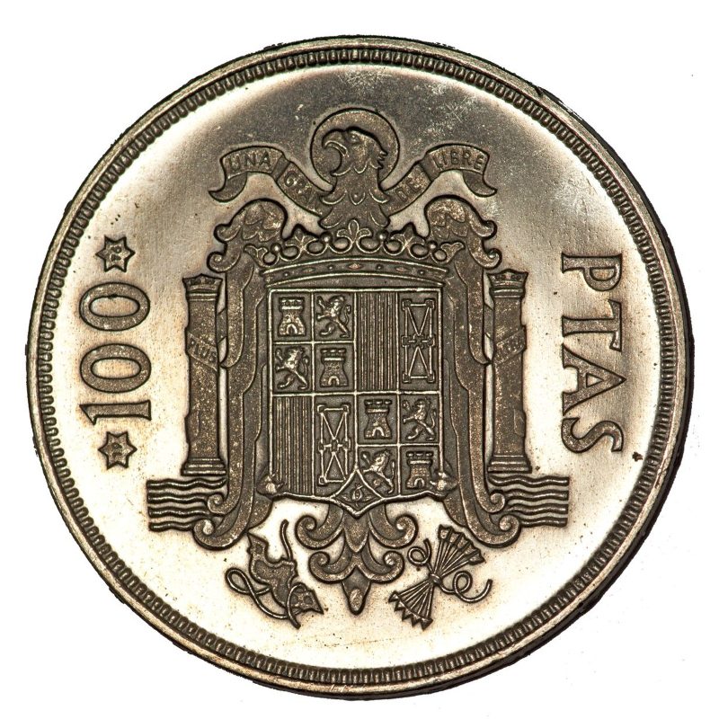 Escudo de España entre columnas con el valor 100 PTAS y las estrellas 19 y 76.