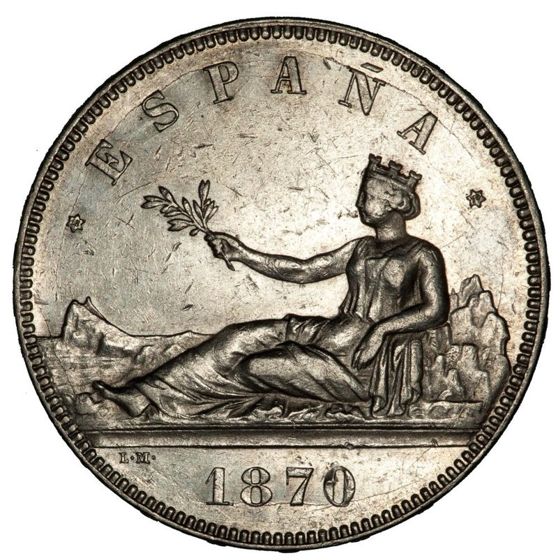 Anverso de un 5 pesetas de 1870 del Gobierno Provisional
