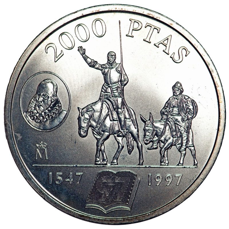 2000 pesetas de plata de 1997, Juan Carlos I, Don Quijote y Sancho, Cervantes, reverso