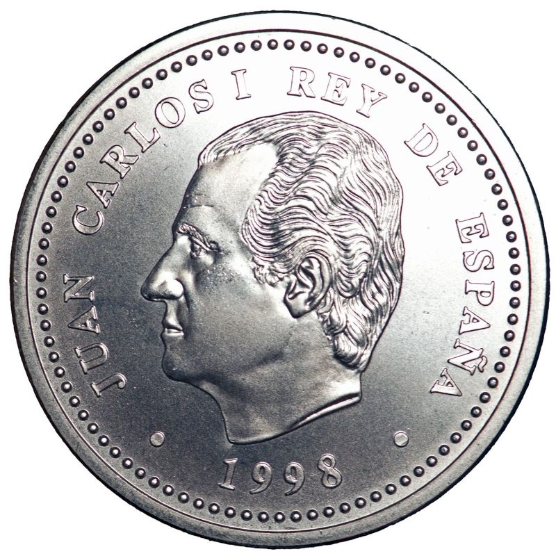 2000 pesetas de plata de 1998, Juan Carlos I, Felipe II y El Escorial, anverso