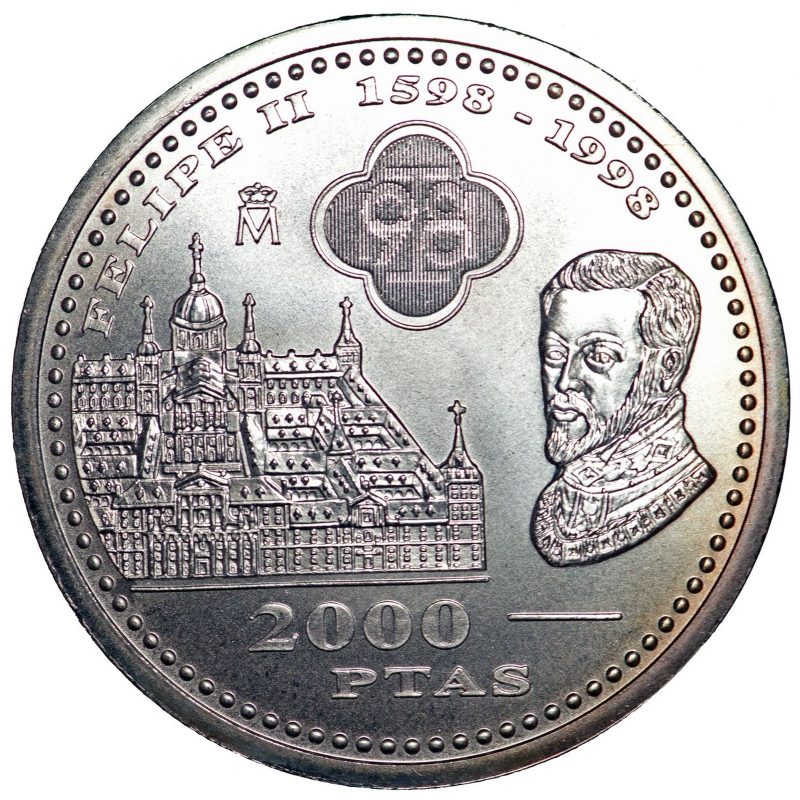 2000 pesetas de plata de 1998, Juan Carlos I, Felipe II y El Escorial, reverso