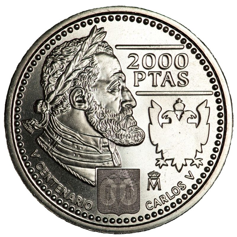 2000 pesetas de plata de 2000, Juan Carlos I, Carlos V, reverso