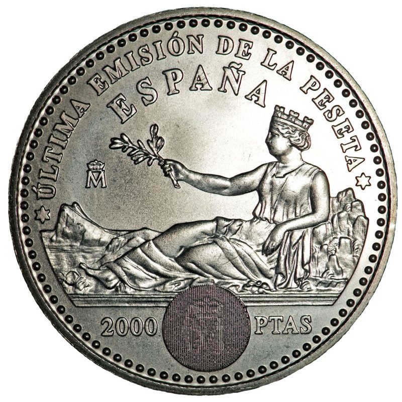 2000 pesetas de plata de 2001, última emisión de la peseta, reverso