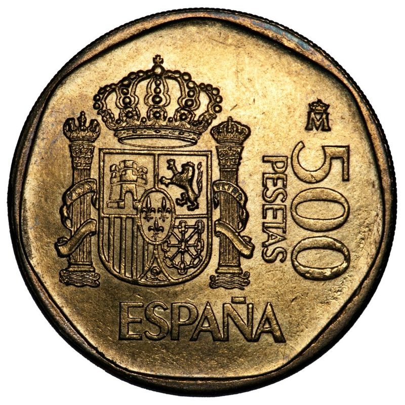 Escudo coronado de España entre columnas con el valor 500 PESETAS y la marca M coronada.
